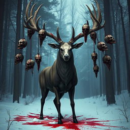 A tall, terrifying deer with a strong, sinewy body standing in a snowy forest, exuding an aura of dread