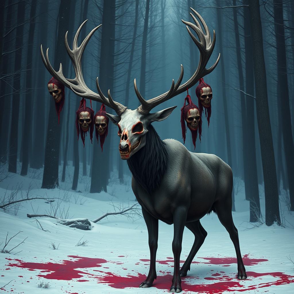 A tall, terrifying deer with a strong, sinewy body standing in a snowy forest, exuding an aura of dread