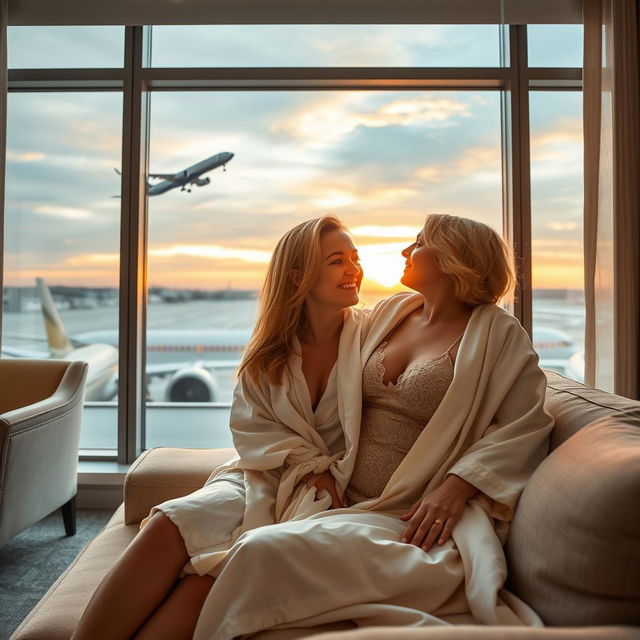 A cozy and intimate scene in a luxurious hotel suite at Bloc Hotel London Gatwick, featuring Scarlett, a beautiful woman in her 40s, and her stepdaughter Amanda, an attractive woman in her 20s