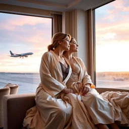 A cozy and intimate scene in a luxurious hotel suite at Bloc Hotel London Gatwick, featuring Scarlett, a beautiful woman in her 40s, and her stepdaughter Amanda, an attractive woman in her 20s