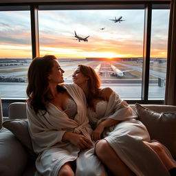 A cozy and intimate scene in a luxurious hotel suite at Bloc Hotel London Gatwick, featuring Scarlett, a beautiful woman in her 40s, and her stepdaughter Amanda, an attractive woman in her 20s