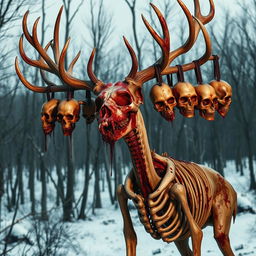 A horrifying and grotesque creature resembling a large deer with a thin, corpse-like body, showcasing several visible bones that evoke a sense of decay