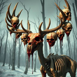 A horrifying and grotesque creature resembling a large deer with a thin, corpse-like body, showcasing several visible bones that evoke a sense of decay