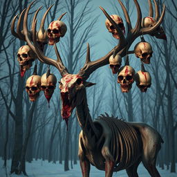 A horrifying and grotesque creature resembling a large deer with a thin, corpse-like body, showcasing several visible bones that evoke a sense of decay