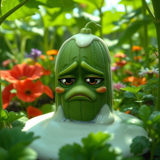 A single cucumber with a droopy expression, covered in a thick white liquid, placed in a lush green garden