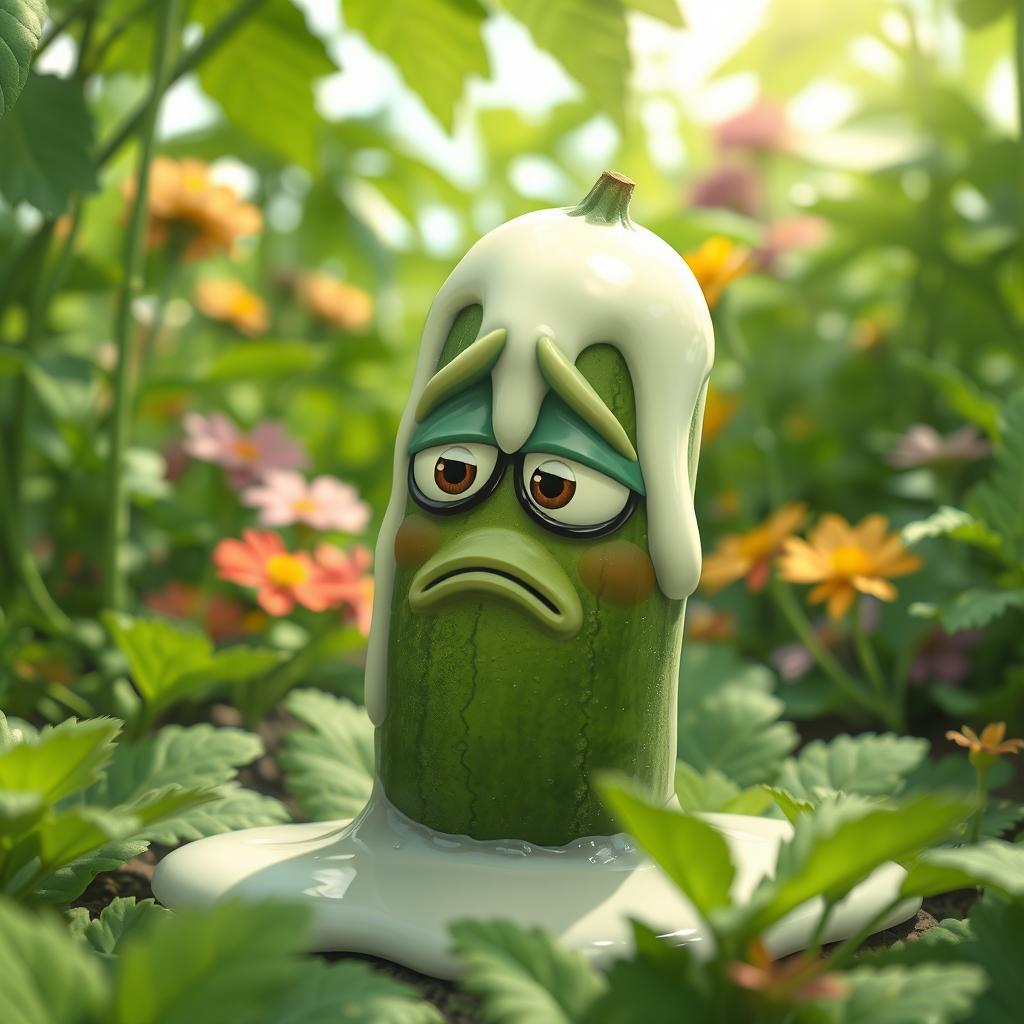 A single cucumber with a droopy expression, covered in a thick white liquid, placed in a lush green garden