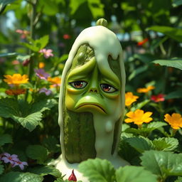A single cucumber with a droopy expression, covered in a thick white liquid, placed in a lush green garden
