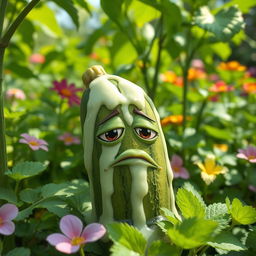 A single cucumber with a droopy expression, covered in a thick white liquid, placed in a lush green garden