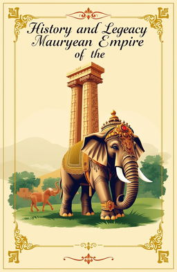 A captivating cover page design featuring the grandeur of the Mauryan Empire