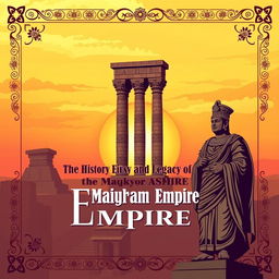 An engaging cover page design depicting the history and legacy of the Mauryan Empire