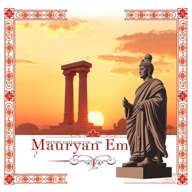 An engaging cover page design depicting the history and legacy of the Mauryan Empire