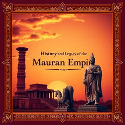 An engaging cover page design depicting the history and legacy of the Mauryan Empire
