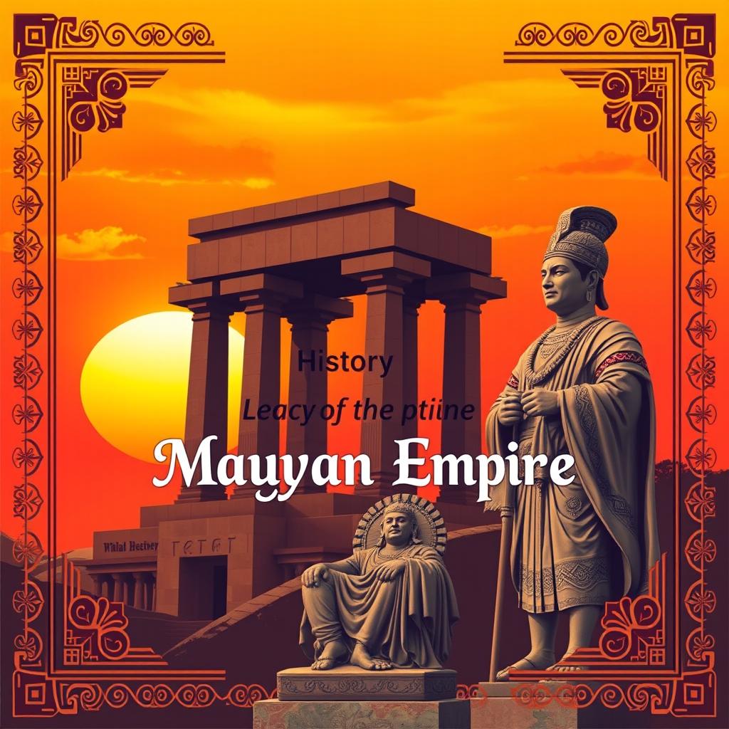 An engaging cover page design depicting the history and legacy of the Mauryan Empire