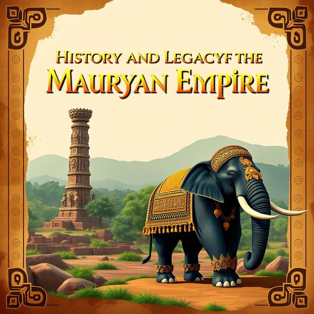 A captivating cover page design featuring the grandeur of the Mauryan Empire