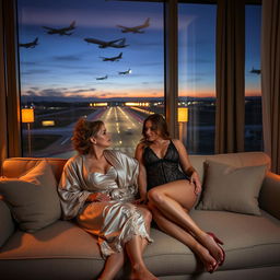 In a luxurious hotel suite at Bloc Hotel London Gatwick during the evening, two women, Scarlett and Amanda, are snuggled up together on a plush sofa