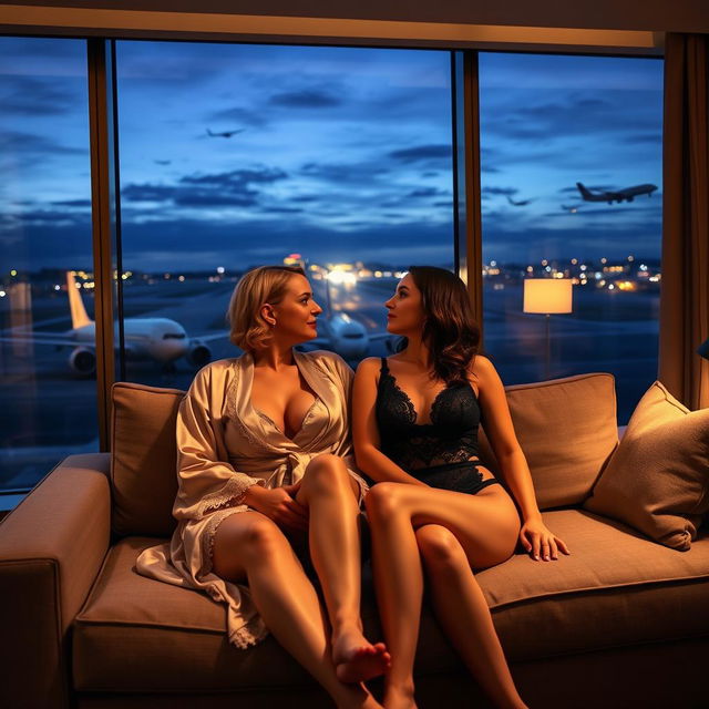 In a luxurious hotel suite at Bloc Hotel London Gatwick during the evening, two women, Scarlett and Amanda, are snuggled up together on a plush sofa