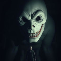 A nightmarish scene depicting a towering monster looming in the darkness, its face disproportionately large compared to a human figure