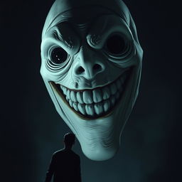 A nightmarish scene depicting a towering monster looming in the darkness, its face disproportionately large compared to a human figure