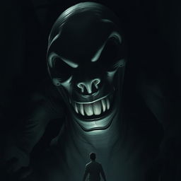 A nightmarish scene depicting a towering monster looming in the darkness, its face disproportionately large compared to a human figure