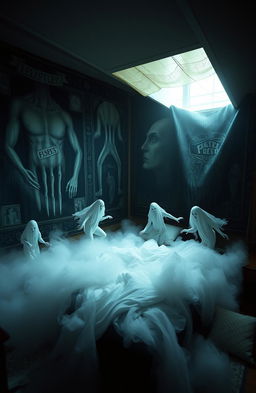 A surreal bedroom scene inspired by a limbo between life and death, where the walls are adorned with ethereal tapestries depicting scars and past memories