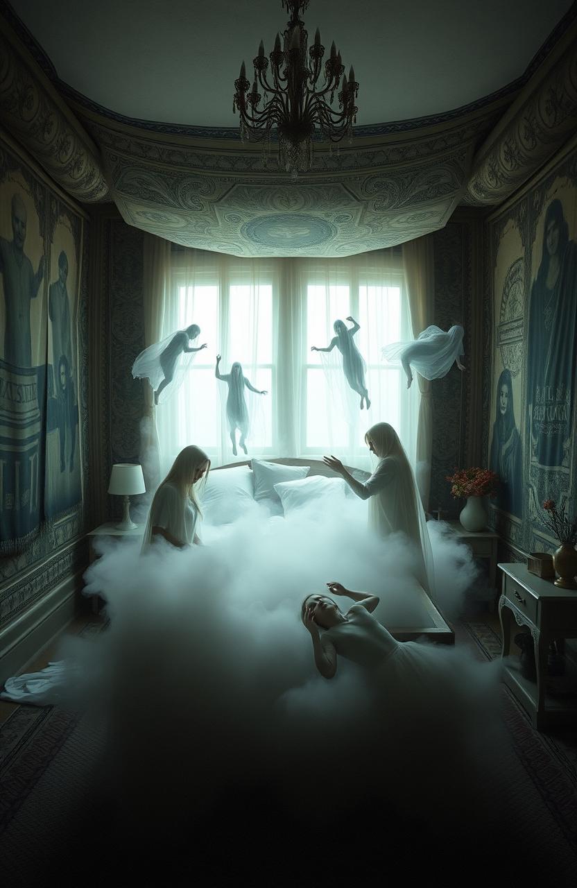 A surreal bedroom scene inspired by a limbo between life and death, where the walls are adorned with ethereal tapestries depicting scars and past memories