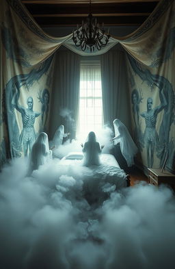 A surreal bedroom scene inspired by a limbo between life and death, where the walls are adorned with ethereal tapestries depicting scars and past memories