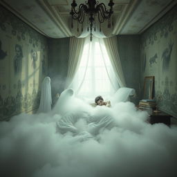 A surreal bedroom scene inspired by a limbo between life and death, featuring a young male protagonist on a journey of self-discovery amidst a past filled with scars