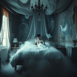 A surreal bedroom scene inspired by a limbo between life and death, featuring a young male protagonist on a journey of self-discovery amidst a past filled with scars