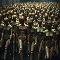 A surreal scene filled with countless faceless wooden mannequins wandering aimlessly, their movements stiff and awkward, creating an unsettling atmosphere