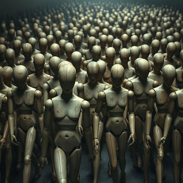 A surreal scene filled with countless faceless wooden mannequins wandering aimlessly, their movements stiff and awkward, creating an unsettling atmosphere