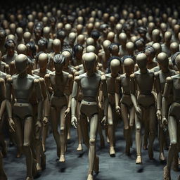 A surreal scene filled with countless faceless wooden mannequins wandering aimlessly, their movements stiff and awkward, creating an unsettling atmosphere