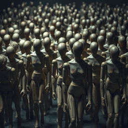 A surreal scene filled with countless faceless wooden mannequins wandering aimlessly, their movements stiff and awkward, creating an unsettling atmosphere