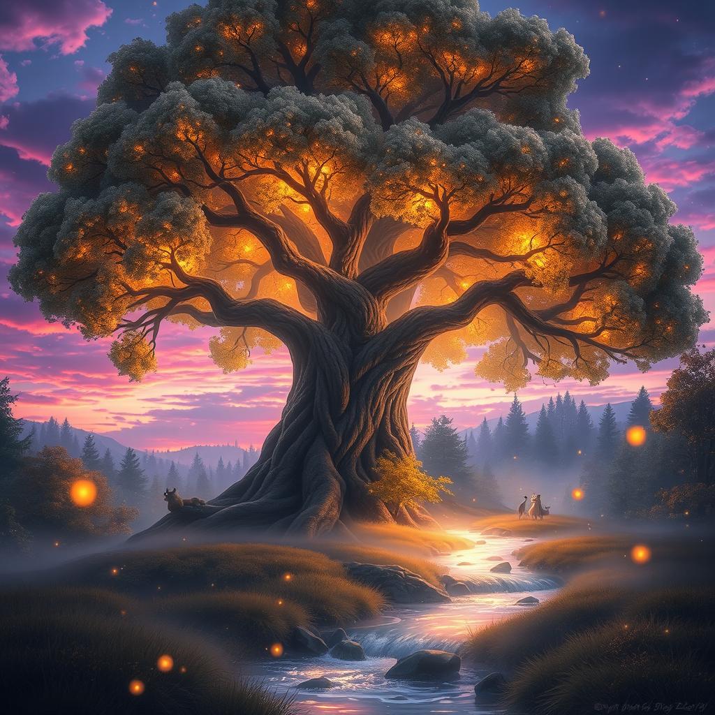 A majestic, ethereal landscape featuring a giant, ancient tree with luminous, glowing leaves under a surreal twilight sky filled with vibrant colors like purples, pinks, and oranges