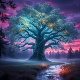 A majestic, ethereal landscape featuring a giant, ancient tree with luminous, glowing leaves under a surreal twilight sky filled with vibrant colors like purples, pinks, and oranges