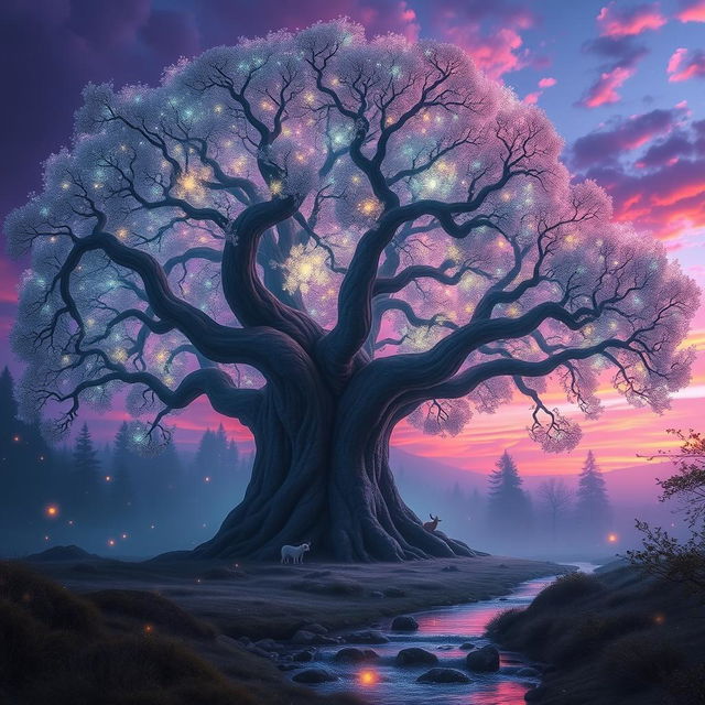 A majestic, ethereal landscape featuring a giant, ancient tree with luminous, glowing leaves under a surreal twilight sky filled with vibrant colors like purples, pinks, and oranges