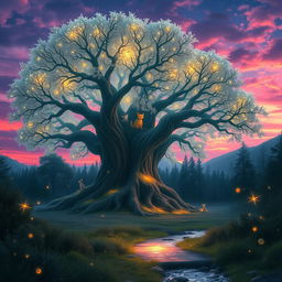 A majestic, ethereal landscape featuring a giant, ancient tree with luminous, glowing leaves under a surreal twilight sky filled with vibrant colors like purples, pinks, and oranges