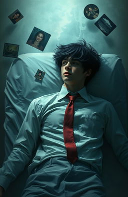 A scene depicting a young dark-haired man with messy hair, wearing a formal shirt and a red tie, lying on a hospital stretcher
