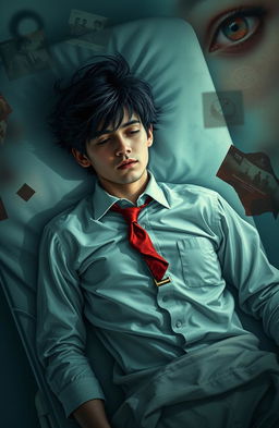 A scene depicting a young dark-haired man with messy hair, wearing a formal shirt and a red tie, lying on a hospital stretcher