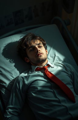 A young man with tousled dark hair and a faint beard, dressed in a formal shirt and a red tie, lies on a hospital gurney