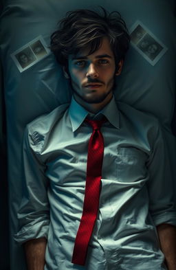 A young man with tousled dark hair and a faint beard, dressed in a formal shirt and a red tie, lies on a hospital gurney