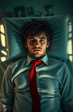 A young man with tousled dark hair and a faint beard, dressed in a formal shirt and a red tie, lies on a hospital gurney