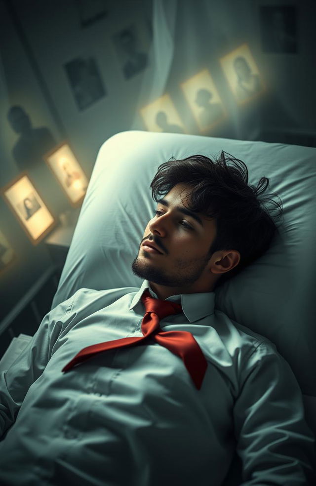 A young man with tousled dark hair and a faint beard, dressed in a formal shirt and a red tie, lies on a hospital gurney