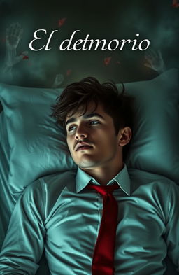 A young man with tousled dark hair and a hint of stubble lying on a hospital bed, wearing a formal shirt and a red tie