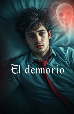 A young man with tousled dark hair and a hint of stubble lying on a hospital bed, wearing a formal shirt and a red tie