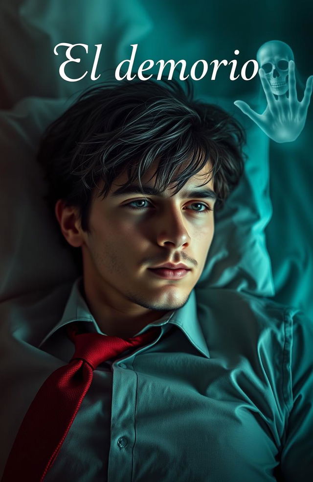 A young man with tousled dark hair and a hint of stubble lying on a hospital bed, wearing a formal shirt and a red tie