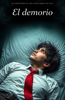 A young man with tousled dark hair and a hint of stubble lying on a hospital bed, wearing a formal shirt and a red tie
