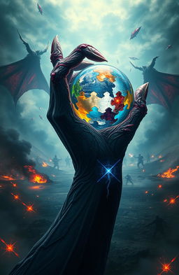 A stunning and surreal depiction of a chimeric battlefield, featuring a large, demonic hand that is intricately designed, holding a crystal globe made up of fragments from diverse worlds, each segment possessing unique characteristics and colors