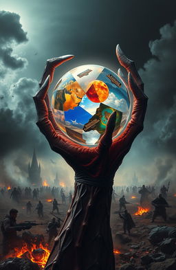 A stunning and surreal depiction of a chimeric battlefield, featuring a large, demonic hand that is intricately designed, holding a crystal globe made up of fragments from diverse worlds, each segment possessing unique characteristics and colors