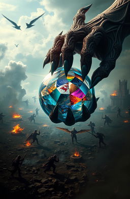 A stunning and surreal depiction of a chimeric battlefield, featuring a large, demonic hand that is intricately designed, holding a crystal globe made up of fragments from diverse worlds, each segment possessing unique characteristics and colors