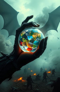 A stunning and surreal depiction of a chimeric battlefield, featuring a large, demonic hand that is intricately designed, holding a crystal globe made up of fragments from diverse worlds, each segment possessing unique characteristics and colors